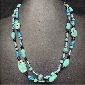 Vintage Murano Necklace Lamp Work Glass Art Black Light Blue Beaded Long 44"